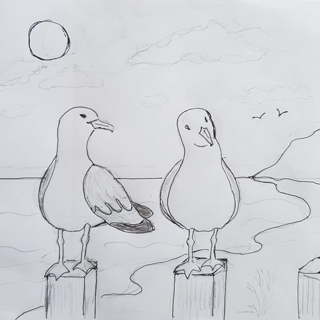 Wonderfully drawn sketch of seagulls infront of an ocean view